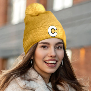 -C- Initial Monogram Faux Fur Pom Pom Knit Beanie Hat
