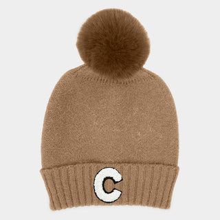 -C- Initial Monogram Faux Fur Pom Pom Knit Beanie Hat