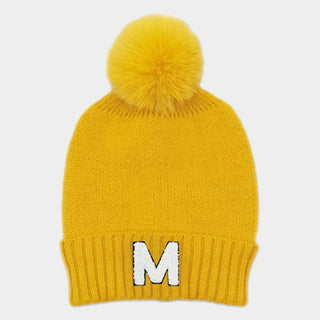 -M- Initial Monogram Faux Fur Pom Pom Knit Beanie Hat