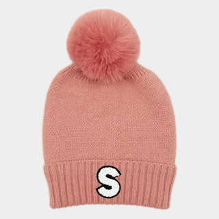 -S- Initial Monogram Faux Fur Pom Pom Knit Beanie Hat