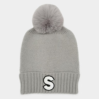 -S- Initial Monogram Faux Fur Pom Pom Knit Beanie Hat