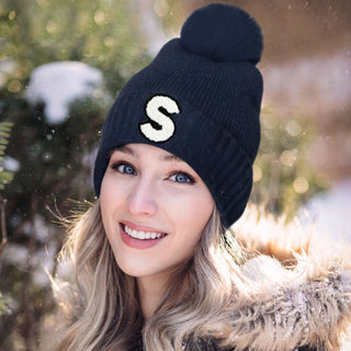 -S- Initial Monogram Faux Fur Pom Pom Knit Beanie Hat