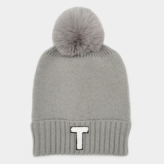 -T- Initial Monogram Faux Fur Pom Pom Knit Beanie Hat