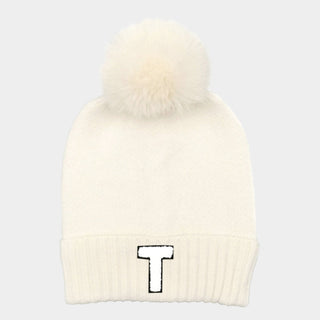-T- Initial Monogram Faux Fur Pom Pom Knit Beanie Hat