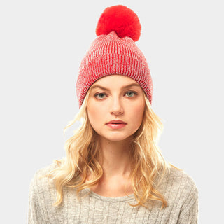 Metallic Thread Pom Pom Beanie Hat