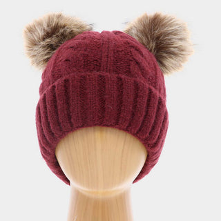 Single Layered Two Pom Pom Cuffed Knit Beanie Hat