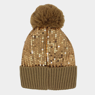 Sequin Embellished Pom Pom Beanie Hat