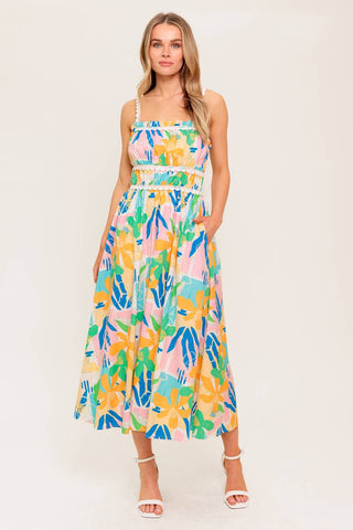 SUNLIT GARDEN PINK BLUE WOVEN MIDI DRESS - By Baano