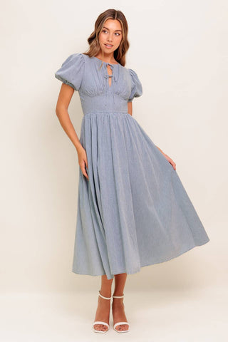 COZY GARDEN IVORY BLUE WOVEN MIDI DRESS - By Baano