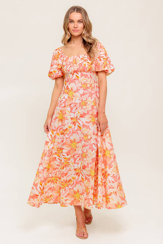 OCEAN FLORALS CORAL WOVEN MIDI DRESS - By Baano