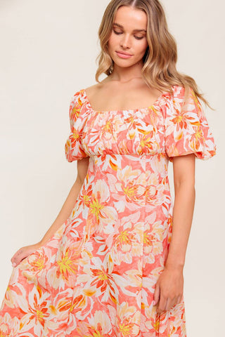 OCEAN FLORALS CORAL WOVEN MIDI DRESS - By Baano