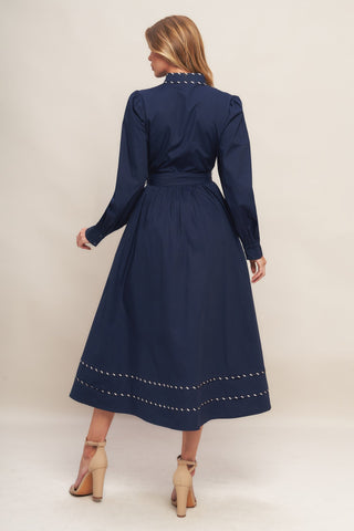 SHINE BRIGHT NAVY LONG SLLEVE WOVEN MIDI DRESS - By Baano