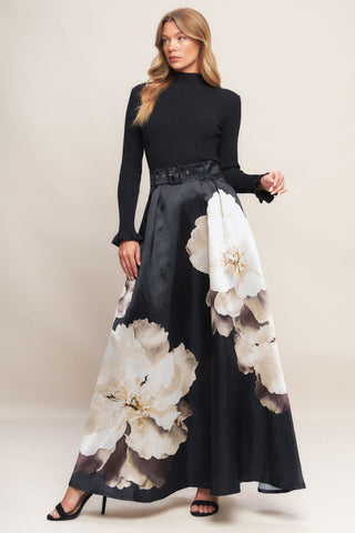 MIDNIGHT BLOOM BELTED WOVEN MAXI SKIRT - By Baano