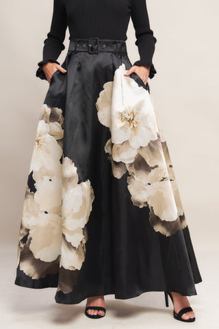 MIDNIGHT BLOOM BELTED WOVEN MAXI SKIRT - By Baano