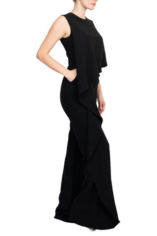 Jovani Ruffle Trim Sleeveless High Waist One - Piece Scoop Neck Crepe Jumpsuit - Glamourous Grace