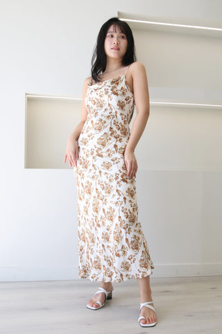 White Brown Rose Print Slip Midi Dress