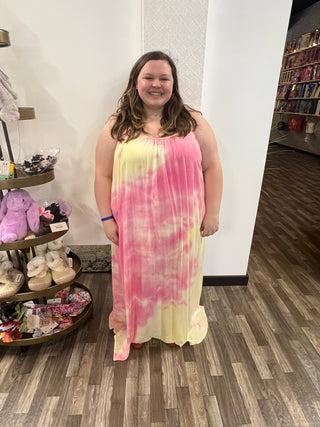 Pink and Yellow Soft Tie-Dye Fabrication Strappy Maxi Dress