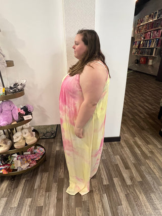 Pink and Yellow Soft Tie-Dye Fabrication Strappy Maxi Dress