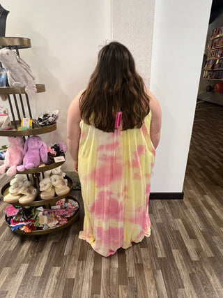 Pink and Yellow Soft Tie-Dye Fabrication Strappy Maxi Dress