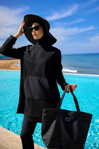 Black Faux Leather Beach Bag with Zipper CA2502-1 - By Baano