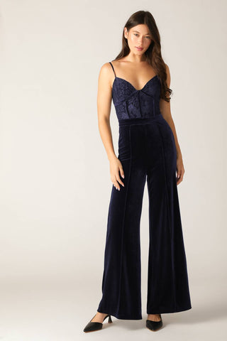 GLEAMING GLAM WOVEN LACE VELVET JUMPSUIT - By Baano