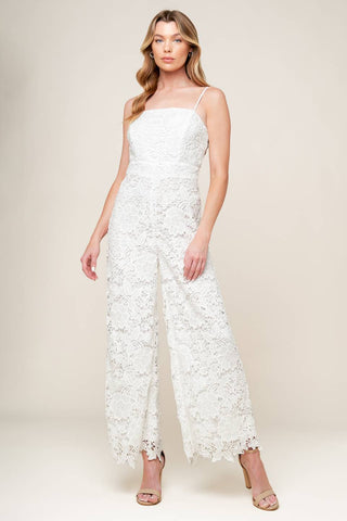 JUST ENOUGH OFF WHITE WOVEN LACE JUMPSUIT - By Baano