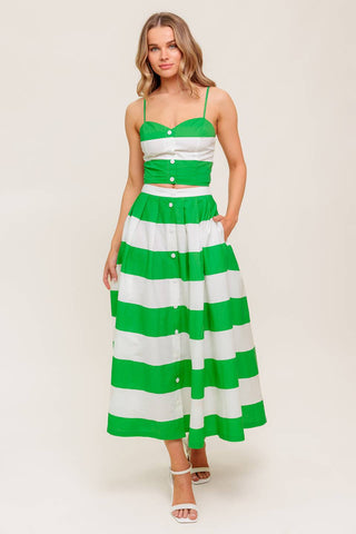 INFINITE FLARE GREEN WOVEN TOP AND SKIRT SET - By Baano