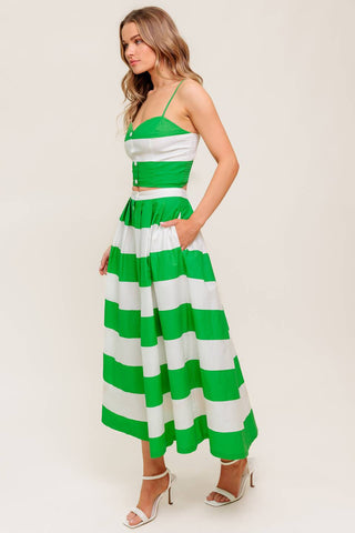 INFINITE FLARE GREEN WOVEN TOP AND SKIRT SET - By Baano