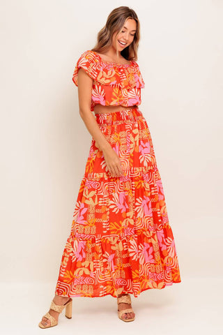 FAINT SUNBEAM RED WOVEN TOP AND SKIRT SET - By Baano