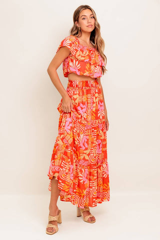 FAINT SUNBEAM RED WOVEN TOP AND SKIRT SET - By Baano