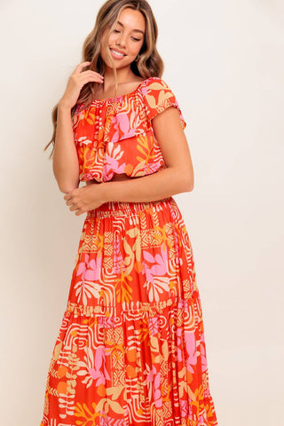 FAINT SUNBEAM RED WOVEN TOP AND SKIRT SET - By Baano