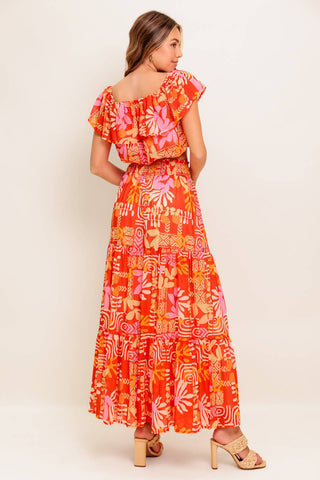 FAINT SUNBEAM RED WOVEN TOP AND SKIRT SET - By Baano