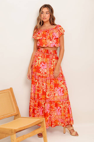 FAINT SUNBEAM RED WOVEN TOP AND SKIRT SET - By Baano