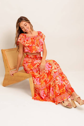 FAINT SUNBEAM RED WOVEN TOP AND SKIRT SET - By Baano