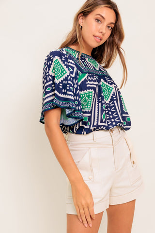 TILE ESCAPE EMBROIDERED WOVEN TOP - By Baano