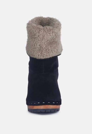 Juglans Fur Collared Ankle Clog Boots In Black