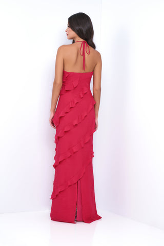 Remi Red Maxi Dress - Halter Neck, Open Back, Ruffle Detail - By Baano