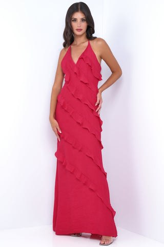 Remi Red Maxi Dress - Halter Neck, Open Back, Ruffle Detail - By Baano