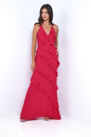 Remi Red Maxi Dress - Halter Neck, Open Back, Ruffle Detail - By Baano