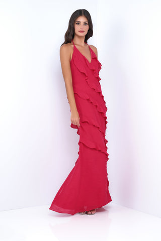 Remi Red Maxi Dress - Halter Neck, Open Back, Ruffle Detail - By Baano