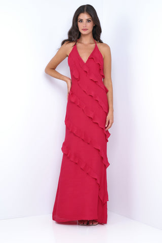Remi Red Maxi Dress - Halter Neck, Open Back, Ruffle Detail - By Baano