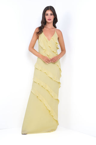 Remi Yellow Maxi Dress - Halter Neck, Open Back & Ruffle Detail - By Baano