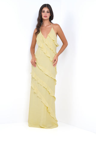 Remi Yellow Maxi Dress - Halter Neck, Open Back & Ruffle Detail - By Baano