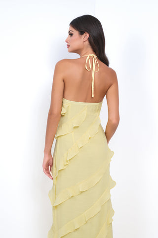 Remi Yellow Maxi Dress - Halter Neck, Open Back & Ruffle Detail - By Baano
