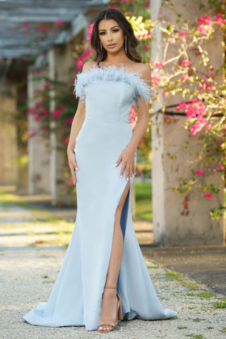 Sochi Gown - Dusty Blue Feather Trim Dress - FINAL SALE - By Baano