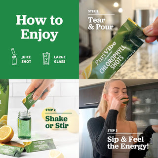 PuriVibe Chlorophyll & Lemon Juice Shots - Wellness Shot, Superfood Supplement Powder - Green Juice - Supports Detox & Gut Health