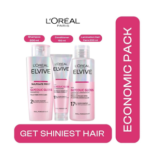 Loreal Paris Elseve (Elvive) Glycolic Gloss 3 Economic Pack Shampoo,Conditioner and Lamination Hair Care Set Chivela