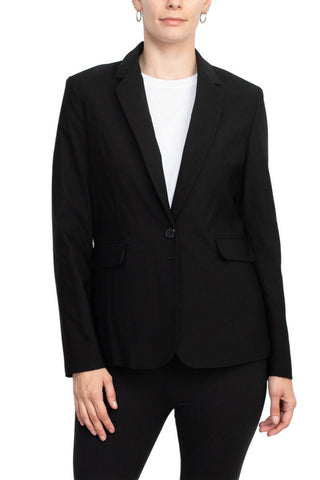 Zac & Rachel notched collar long sleeve one button closure scuba crepe blazer - Glamourous Grace