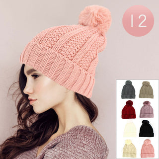 12PCS - Pom Pom Knit Cuffed Winter Beanie Hats