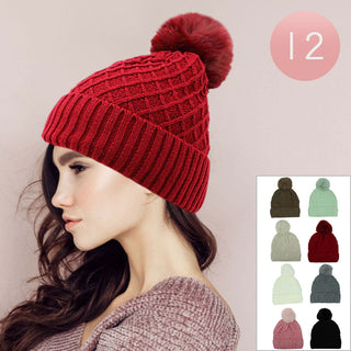 12PCS - Pom Pom Waffle Knit Winter Beanie Hats